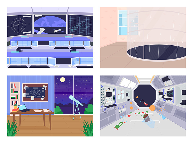Different space exploration facilities flat color vector illustration set