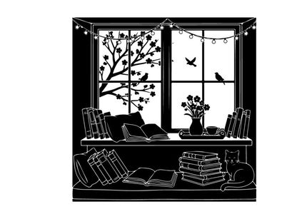 Cozy room interior with silhouette of tree and birds outside window