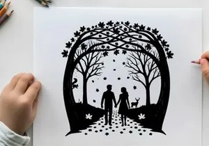 Romantic silhouette of couple holding hands in forest with deer and trees