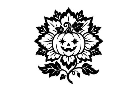Halloween Pumpkin Face Illustration with Floral Design