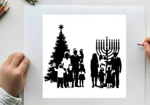 Holiday celebration silhouette of family by christmas tree and menorah