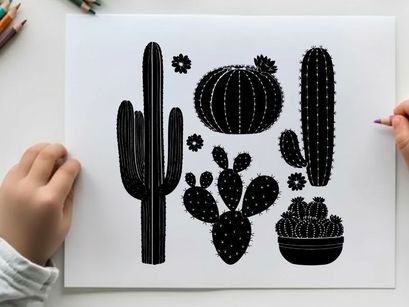 Black silhouette cacti and flowers on white background