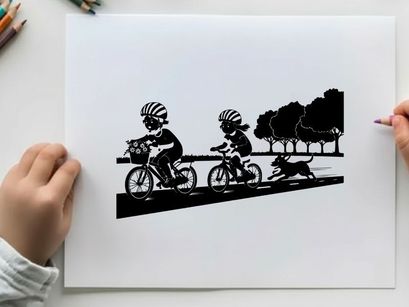 Silhouette of two cyclists and dog on a road