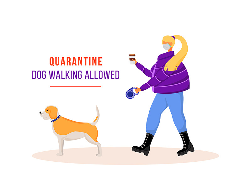 Woman walking dog during quarantine flat color vector faceless character