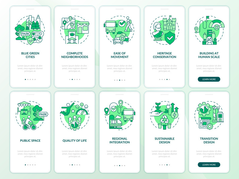 Urban planning green onboarding mobile app screen set