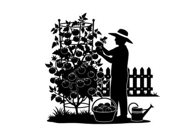 Silhouette of a gardener tending to a plant with a fence in the background preview picture