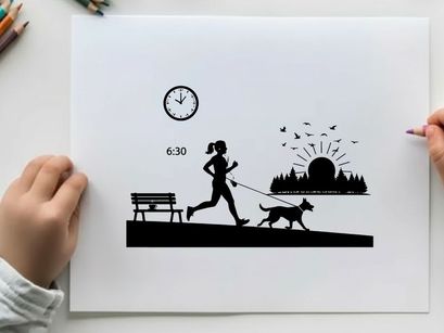 Silhouette of woman jogging with dog at sunrise