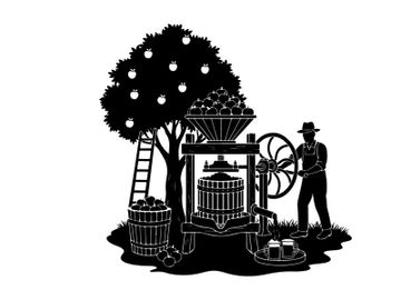 Vintage silhouette of a farmer operating an old fashioned fruit press preview picture