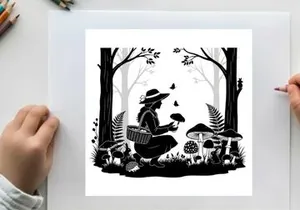 Silhouette of a person picking mushrooms in a forest