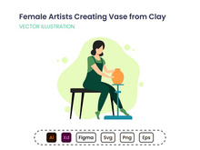 Female artists creating ceramic vase from clay