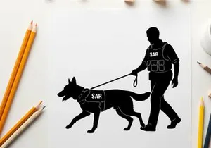 Silhouette of a man walking a search and rescue dog