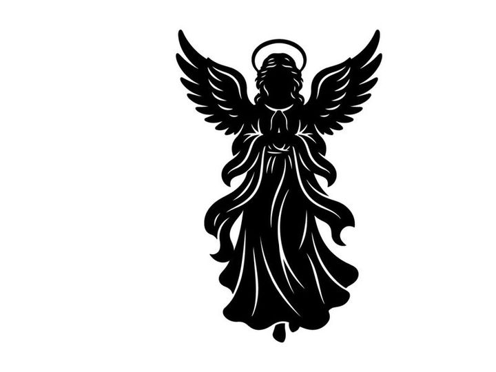 Black angel silhouette with wings and halo for spiritual or holiday themes