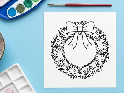 Ilustración de arte lineal de corona navideña con moño decorativo para proyectos de diseño festivo.