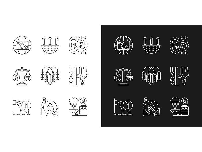 Water resources lacking linear icons set for dark and light mode