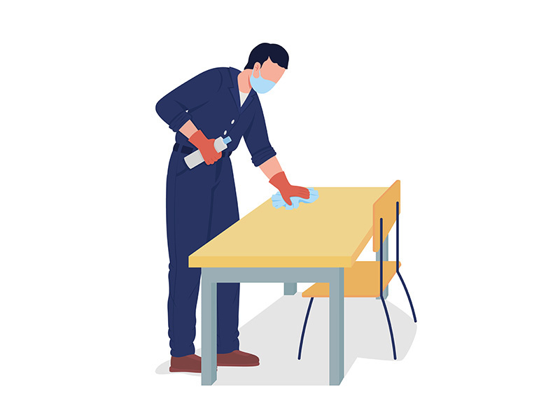 Janitor wipe desk surface semi flat color vector character