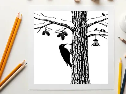 Silhouette eines Spechts am Baum mit Vogelhäuschen und anderen Vögeln