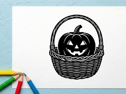 Halloween Pumpkin with Carved Face in Wicker Basket for Fall Decor