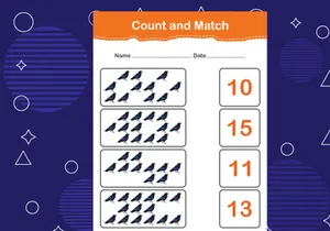 10 Pages Count and match with the correct number. Matching education game. Count how many items and choose the correct number
