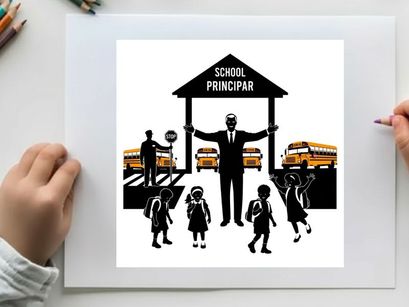 School principal silhouette welcoming students on a busy morning