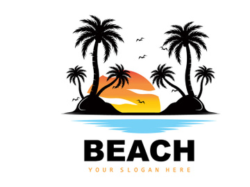 Coconut Tree Logo With Beach Atmosphere, Beach Plant Vector, Sunset View Design preview picture