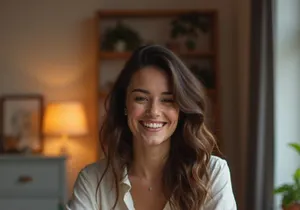 A smiling woman entrepreneur, uses a laptop, while working in her cozy home.