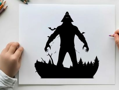 Silhouette of a werewolf in a forest at night