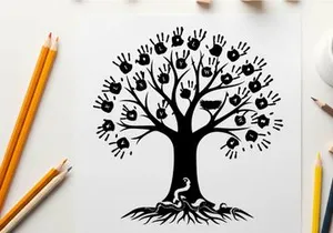 Silhouette of a tree with handprint leaves and a bird