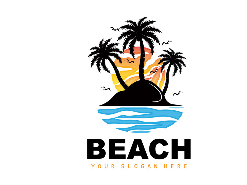 Coconut Tree Logo With Beach Atmosphere, Beach Plant Vector, Sunset View Design