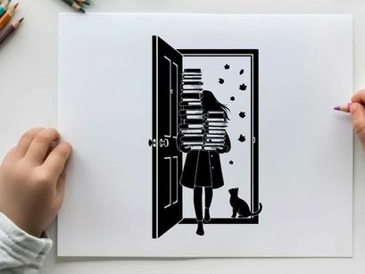 Silhouette of girl carrying books with cat in doorway silhouette