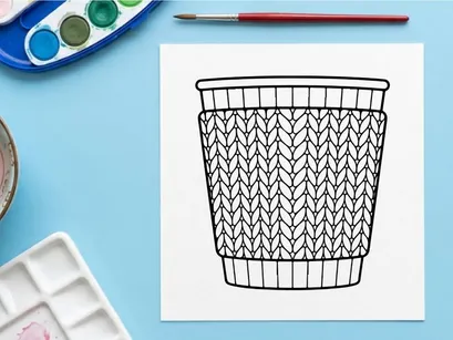 Coffee cup with knitted cozy sleeve, vector line art illustration for Christmas design.