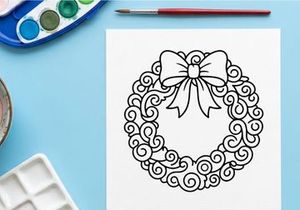 Christmas wreath line art illustration with a decorative bow for holiday design projects.