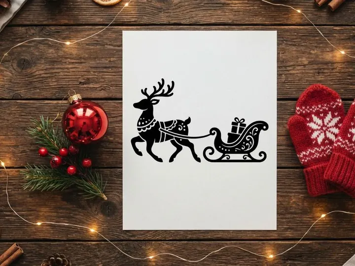 Icono de silueta de reno arrastrando un trineo con regalos sobre fondo blanco