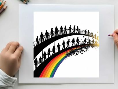 Silhouette of people walking on bridge over rainbow silhouette