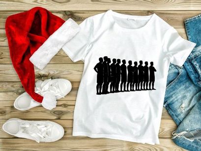 A group of men standing in a line in silhouette against a white background