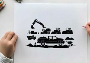 Construction site silhouette with heavy machinery and vehicles