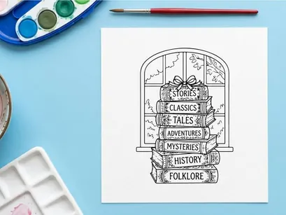 Stack of Christmas books with bow in front of window, hand drawn line art illustration.