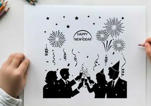 Silhouette of people celebrating happy new year with fireworks and champagne