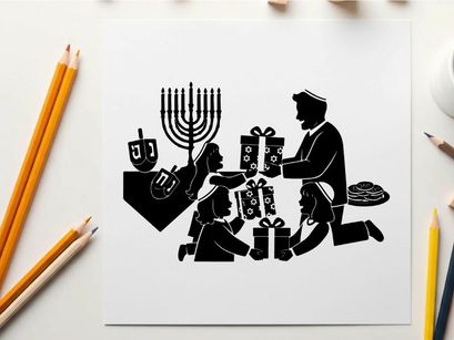 Hanukkah celebration with silhouette family and traditional symbols