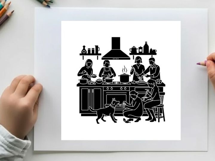 Silhouette of family cooking together in kitchen with dog