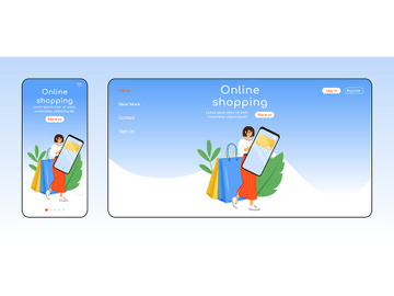 Online shopping adaptive landing page flat color vector template preview picture