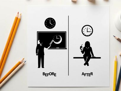 Silhouette of teacher before and after explaining a clock