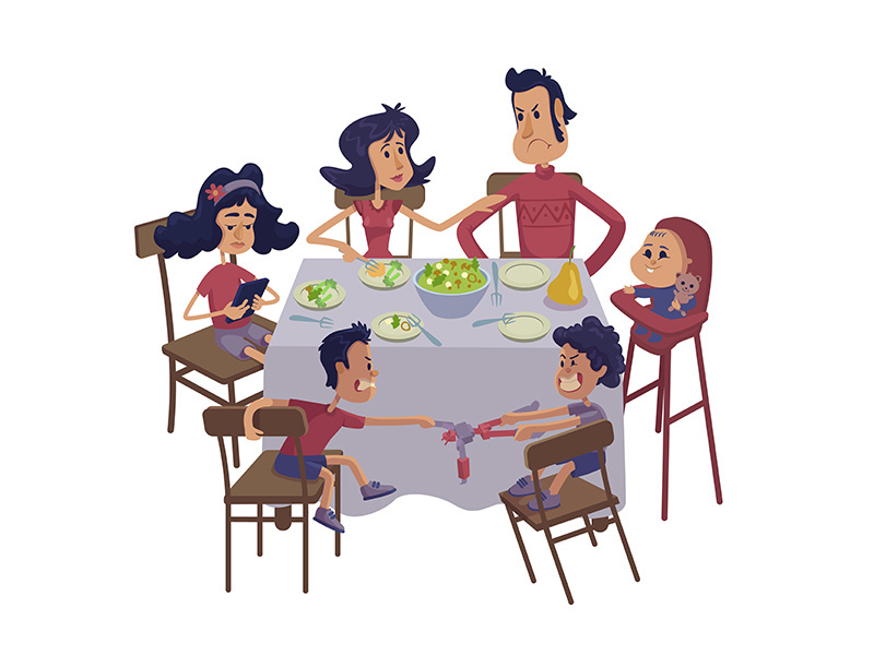 Family together having meal flat cartoon vector illustration