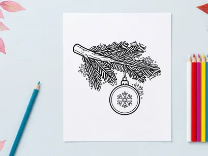 Christmas bauble hanging on a pine tree branch, festive winter holiday line art drawing.