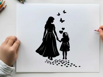 Silhouette of mother and child with butterflies and hearts