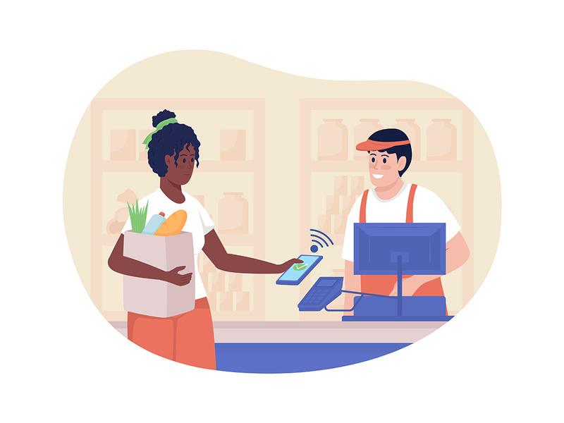 Cashless payment for groceries 2D vector isolated illustration