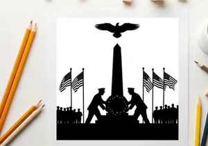 Silhouette of soldiers and monument with american flags and eagle silhouette