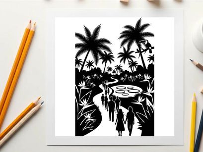 Tropical paradise scene with silhouette of people and palm trees