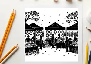Silhouette of people at an outdoor market with tents and trees