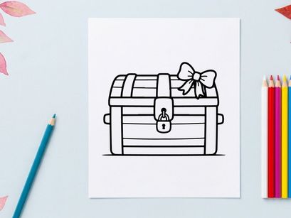 Treasure chest with gift bow. Outline illustration of a locked wooden box present.