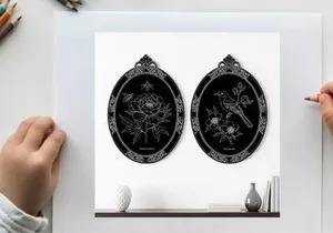 Silhouette artwork of two ornate oval frames on a shelf